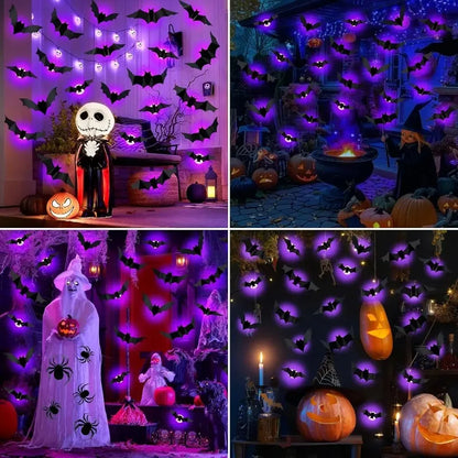 3D Halloween Bat Wall Stickers – Purple LED Night Light or Non-Lit Bat Decorations for Halloween Parties, Spooky Walls & Festive Decor