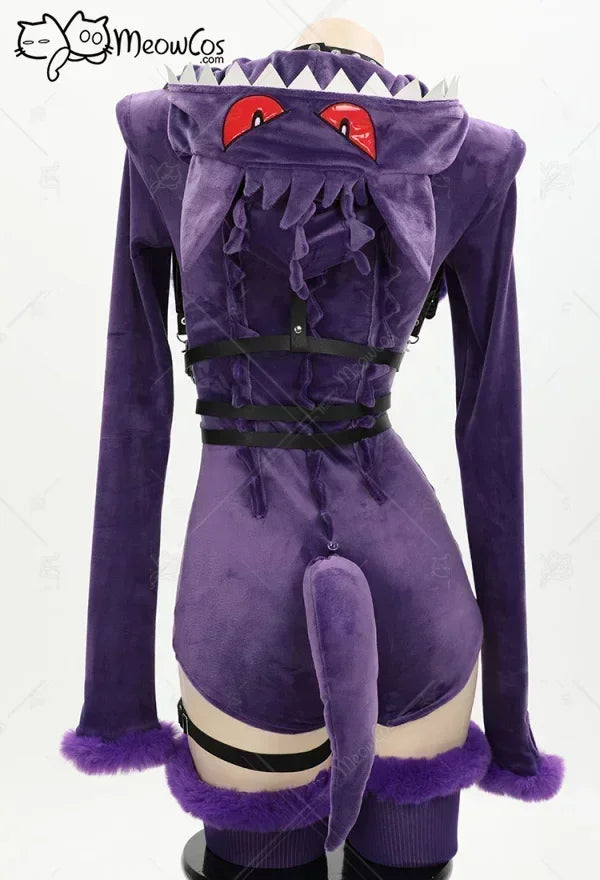 Meowcos Genga Cosplay Costume – Purple Ghost Romper Bodysuit | Hooded Plush Outfit with Belt, Tail & Socks (Halloween / Women)