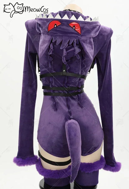 Meowcos Genga Cosplay Costume – Purple Ghost Romper Bodysuit | Hooded Plush Outfit with Belt, Tail & Socks (Halloween / Women)
