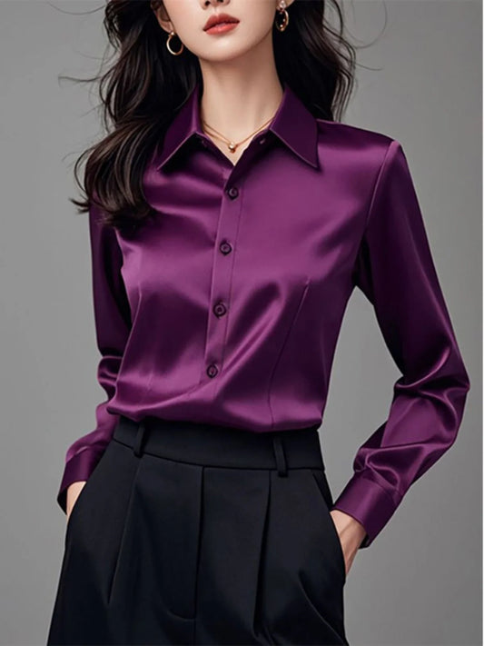 Women's Silk Satin Long Sleeve Blouse – Elegant Loose Fit Button-Up Office Shirt, Professional Autumn Work Top