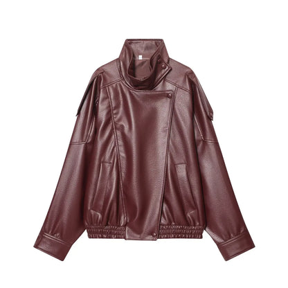 TFMLN Women’s Black Faux Leather Jacket – Oversized Long-Sleeve Button-Up Coat, Elastic-Fit Fashion Outerwear for Autumn & Winter Streetwear