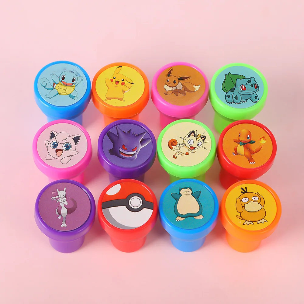 12pcs Pokémon Stamps Anime Figure Set – Cartoon Seal Cute Pikachu, Eevee & Gengar DIY Pattern Children Painting Toys Birthday Gift