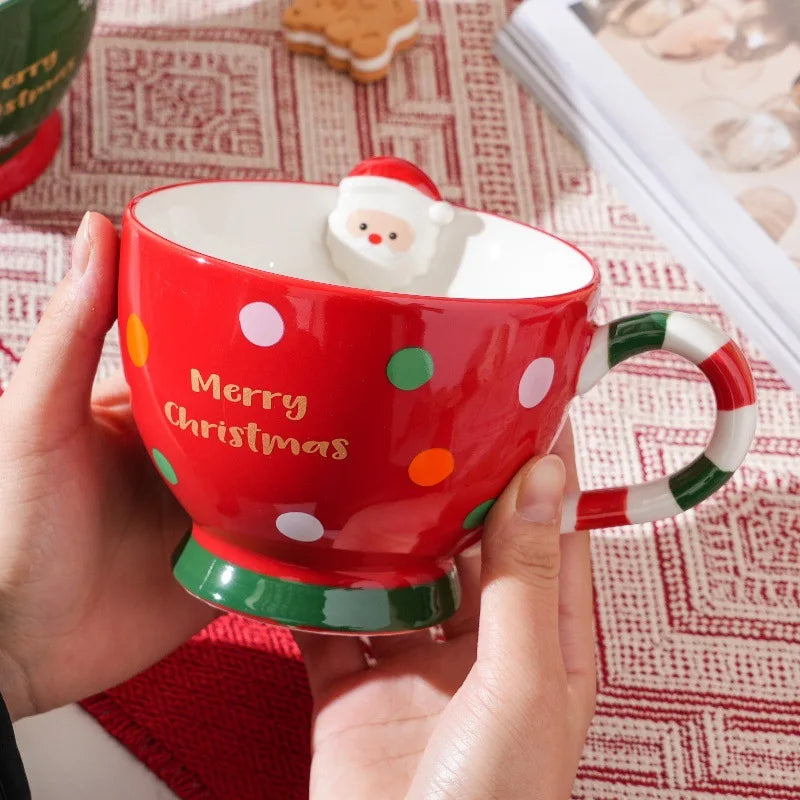 500ML Santa Claus Ceramic Mug – Embossed Cartoon Christmas Coffee & Milk Cup for Breakfast, Home & Office Holiday Gift