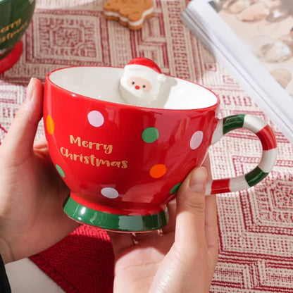 500ML Santa Claus Ceramic Mug – Embossed Cartoon Christmas Coffee & Milk Cup for Breakfast, Home & Office Holiday Gift