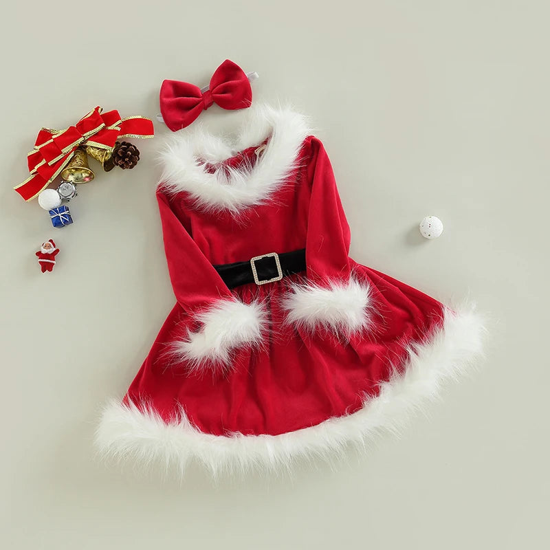 Toddler Girls Christmas A-Line Dress, Long Sleeve O-Neck Plush Trim Holiday Dress with Belt and Matching Headband, Cute Santa Claus Outfit for Xmas Parties, Festive Celebrations and Winter Photoshoots