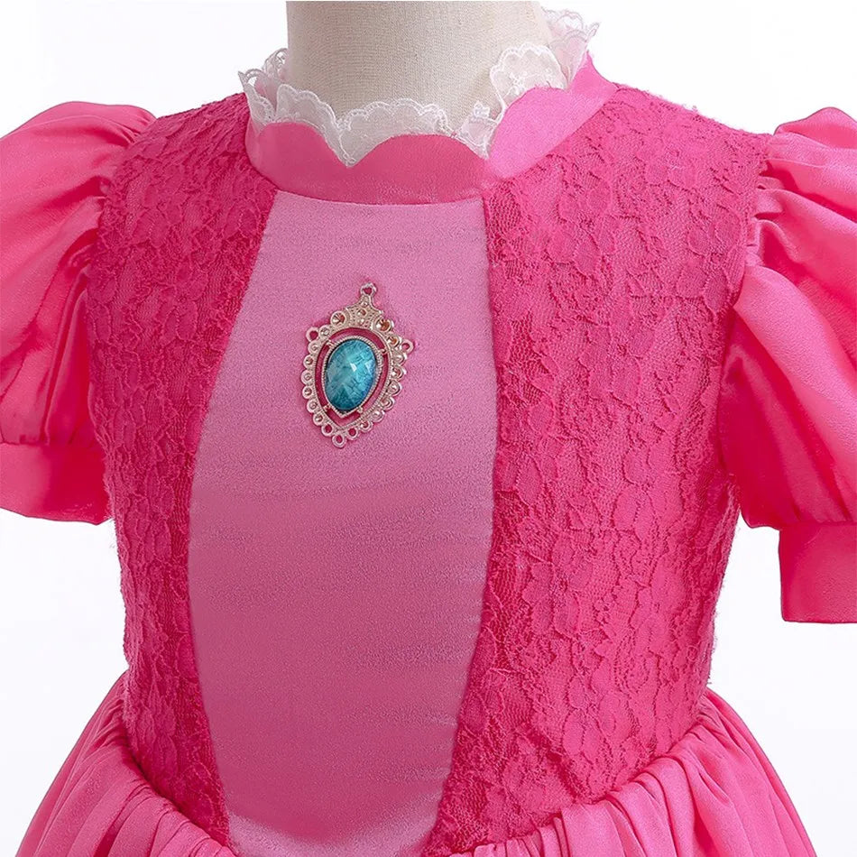 Princess Peach Cosplay Dress – Bubble Sleeve Princess Costume for Kids, Summer Halloween & Christmas Party Outfit