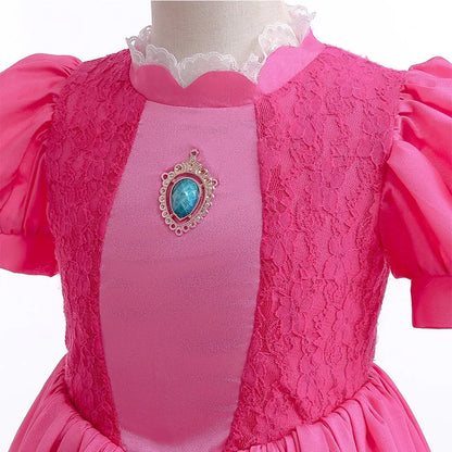 Princess Peach Cosplay Dress – Bubble Sleeve Princess Costume for Kids, Summer Halloween & Christmas Party Outfit