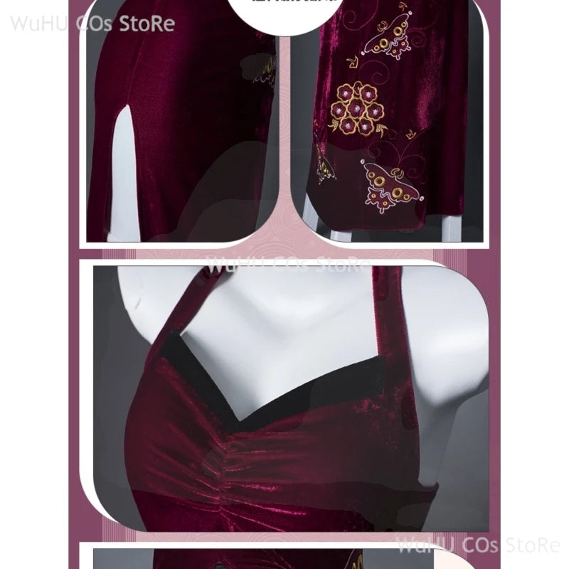 Resident Evil 4 Ada Wong Cosplay Costume | Red Cheongsam Embroidery Dress with Wig | Halloween Carnival & Anime Roleplay Suit for Women