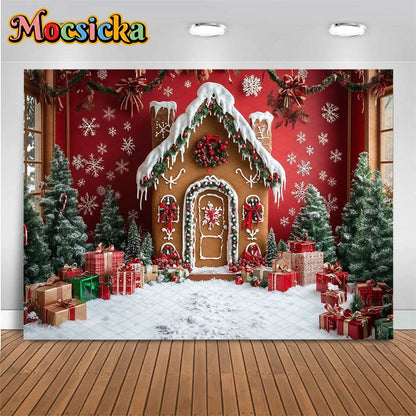 Mocsicka Christmas House Photography Backdrop – Xmas Tree, Snowman & Gifts Holiday Background for Children, Adults, Family & Party Decor