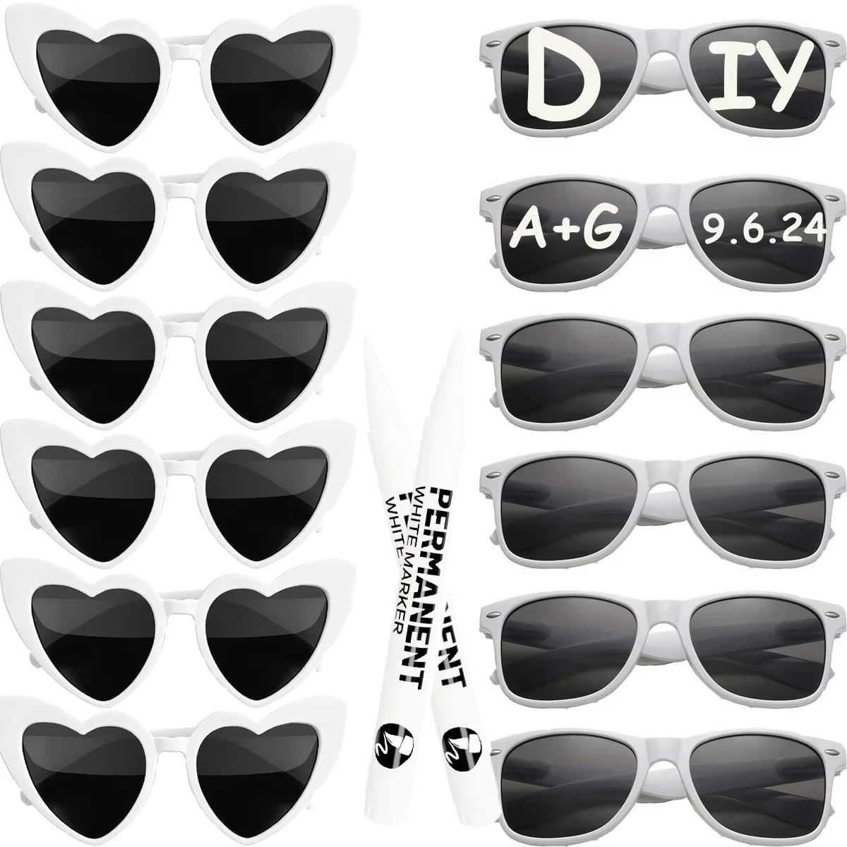 12–120PCS Personalized Heart Sunglasses with Pen – Wedding & Bachelorette Party Favors, Bridal Party Photo Props & Gifts