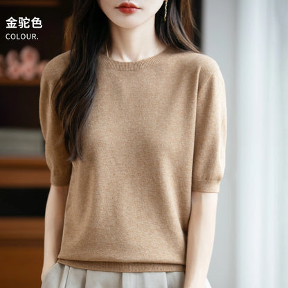 Women's 100% Wool Knitted Sweater – O-Neck Short-Sleeve Pullover, Warm Basic Casual Top for Fall & Winter, Available in 22 Colors
