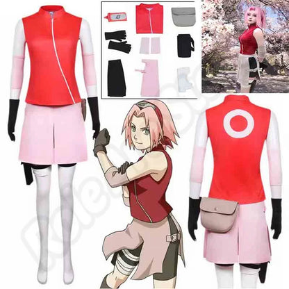 Anime Sakura Cosplay Costume – Ninja Battle Suit (Red Top, Pink Skirt, Bag Full Set for Halloween/Stage Party)