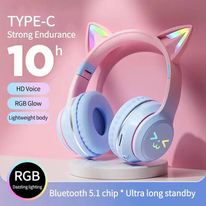 RGB Cat Ear Wireless Bluetooth Headphones – Luminous Gaming Headset with Microphone, Noise Reduction & HiFi Sound for Girls, Calls & Music