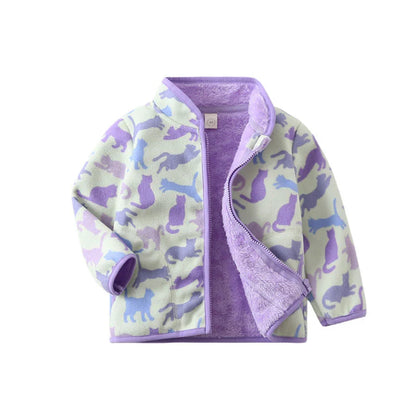 Kids Cartoon Print Fleece Jacket, Long Sleeve Warm Coat for Baby Boys and Girls, Soft Autumn Winter Outerwear for Children