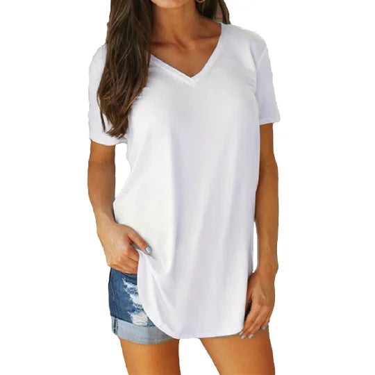 Women's Summer V-Neck Blouse – Solid Color Short-Sleeve Loose T-Shirt with Curved Hem, Casual Lightweight Top for Everyday Wear