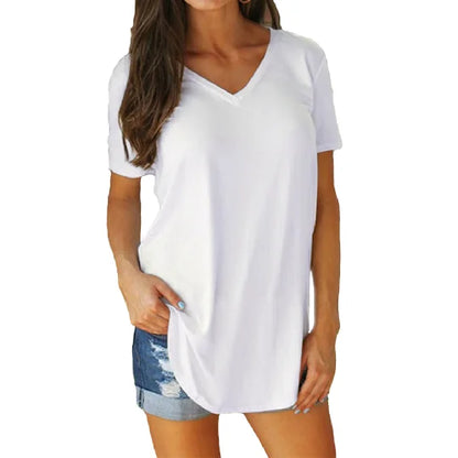 Women's Summer V-Neck Blouse – Solid Color Short-Sleeve Loose T-Shirt with Curved Hem, Casual Lightweight Top for Everyday Wear
