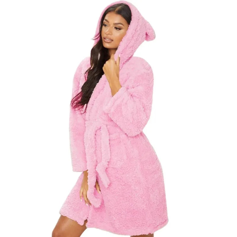 Women's Plush Fleece Hooded Robe – Soft Warm Kimono Bathrobe with Animal Ears, Long Sleeves & Cozy Loungewear