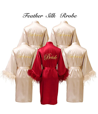 Women’s Feather Satin Robe – Bride Bridesmaid Wedding Kimono Bathrobe V-Neck Nightgown Lingerie