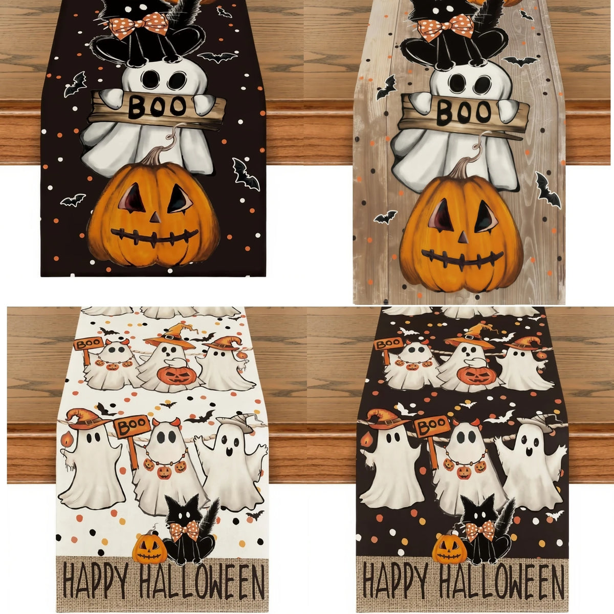 Halloween Table Runner with Ghost, Pumpkin and Black Cat Pattern, Spooky Dining Table Decor, Halloween Kitchen Tablecloth, Sideboard and Dresser Decoration, Festive Home Party Ornament