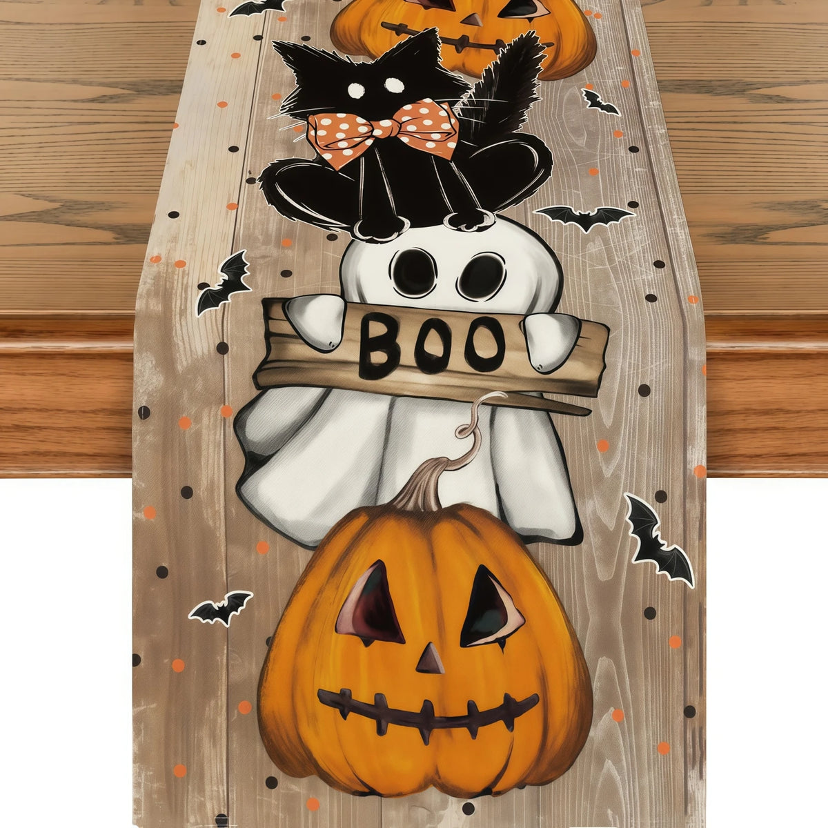 Halloween Table Runner with Ghost, Pumpkin and Black Cat Pattern, Spooky Dining Table Decor, Halloween Kitchen Tablecloth, Sideboard and Dresser Decoration, Festive Home Party Ornament