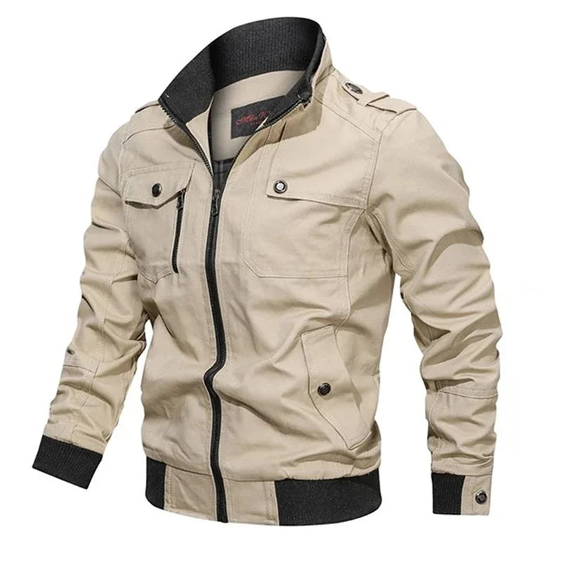 Men’s Cotton Bomber Jacket – Retro Casual Cargo Coat with Zipper Pockets, Pilot-Style Workwear Outerwear
