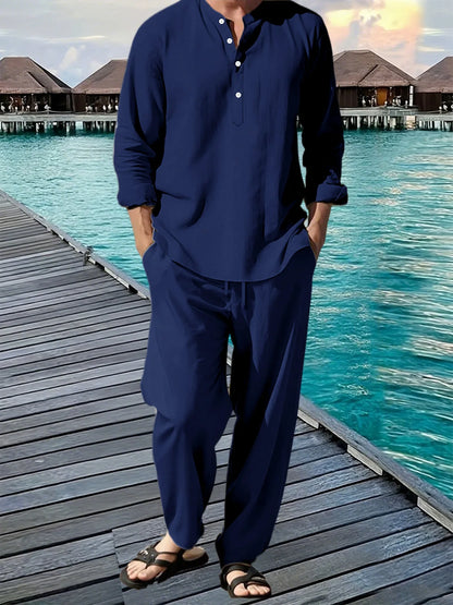 Conjunto de camisa y pantalón de lino de 2 piezas para hombre – Atuendo transpirable de verano para vacaciones en la playa, top informal de manga larga con pantalones sueltos