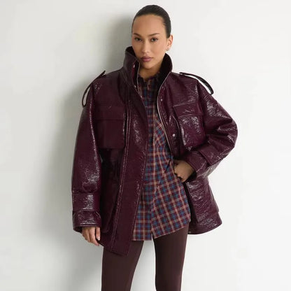 Women’s Burgundy Patent Leather Puffer Jacket – Mid-Length Winter Coat with Stand Collar, Epaulets, Multi-Pockets & Drawstring Waist
