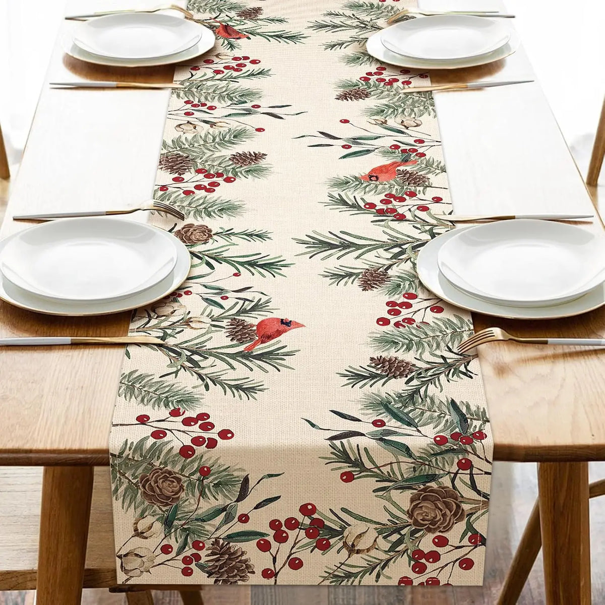 Christmas Pine Needle Linen Table Runner – Red Cardinal Bird & Winter Branch Design for Farmhouse Kitchen, Dining Table & Holiday Decor