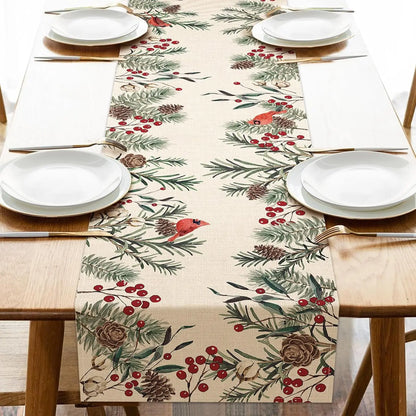 Christmas Pine Needle Linen Table Runner – Red Cardinal Bird & Winter Branch Design for Farmhouse Kitchen, Dining Table & Holiday Decor