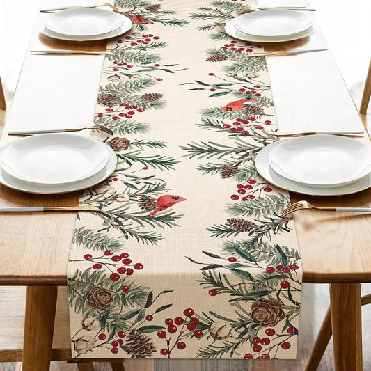 Christmas Pine Needle Linen Table Runner – Red Cardinal Bird & Winter Branch Design for Farmhouse Kitchen, Dining Table & Holiday Decor