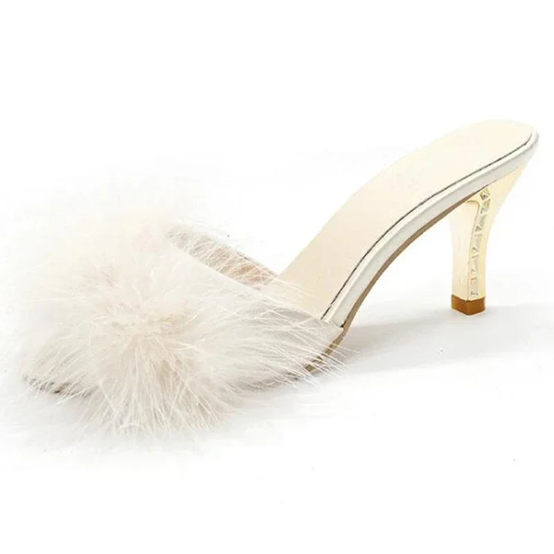 Women’s Feather Fur Peep Toe Mules – Thin High Heel Slip-On Sandals & Slides, Elegant Summer Pumps in Big Sizes