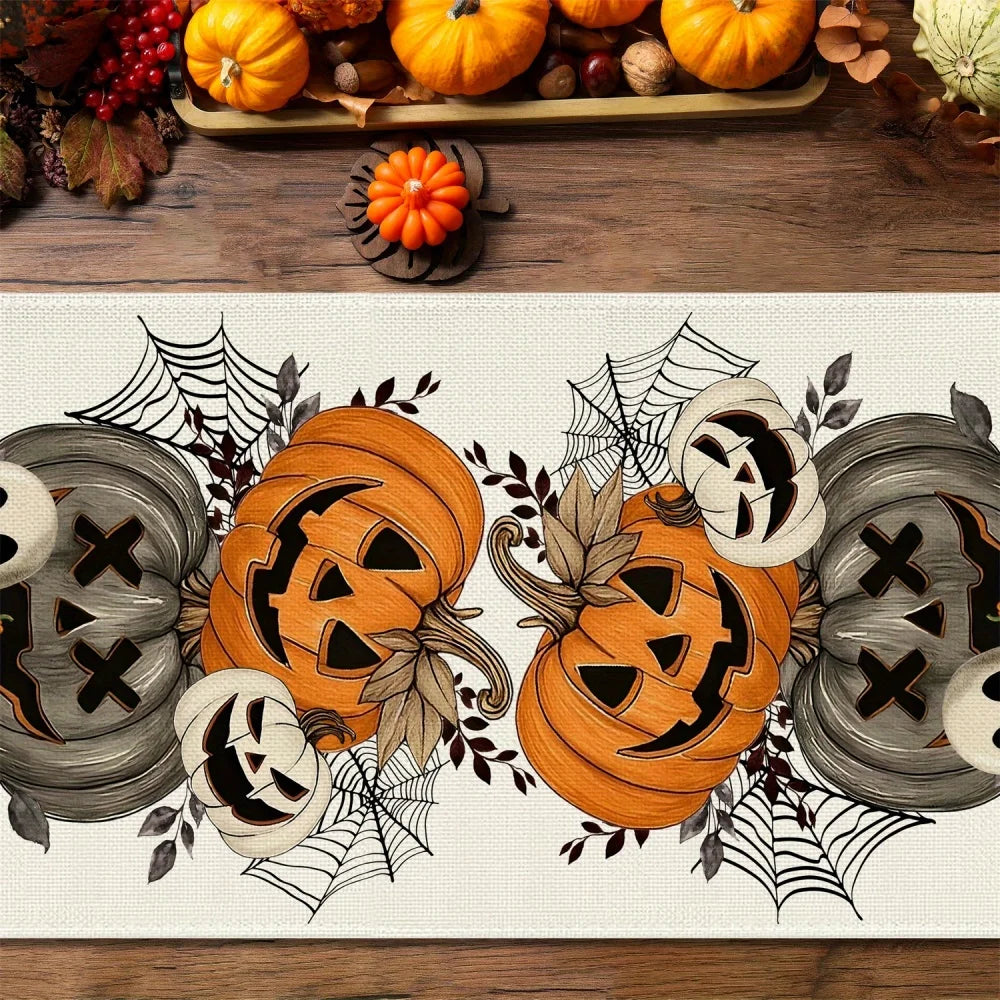 1PC Halloween Table Runner, Jack-o'-Lantern Pumpkin and Spider Web Print, Farmhouse Dining Table Decor, Spooky Kitchen Decoration, Halloween Party Tablecloth Accent