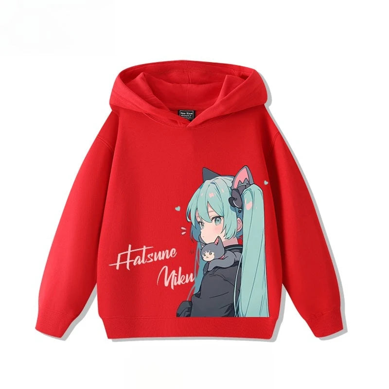 Hatsune Miku 2025 Cartoon Print Hooded Sweatshirt – Boys & Girls All-Match Autumn/Winter Top