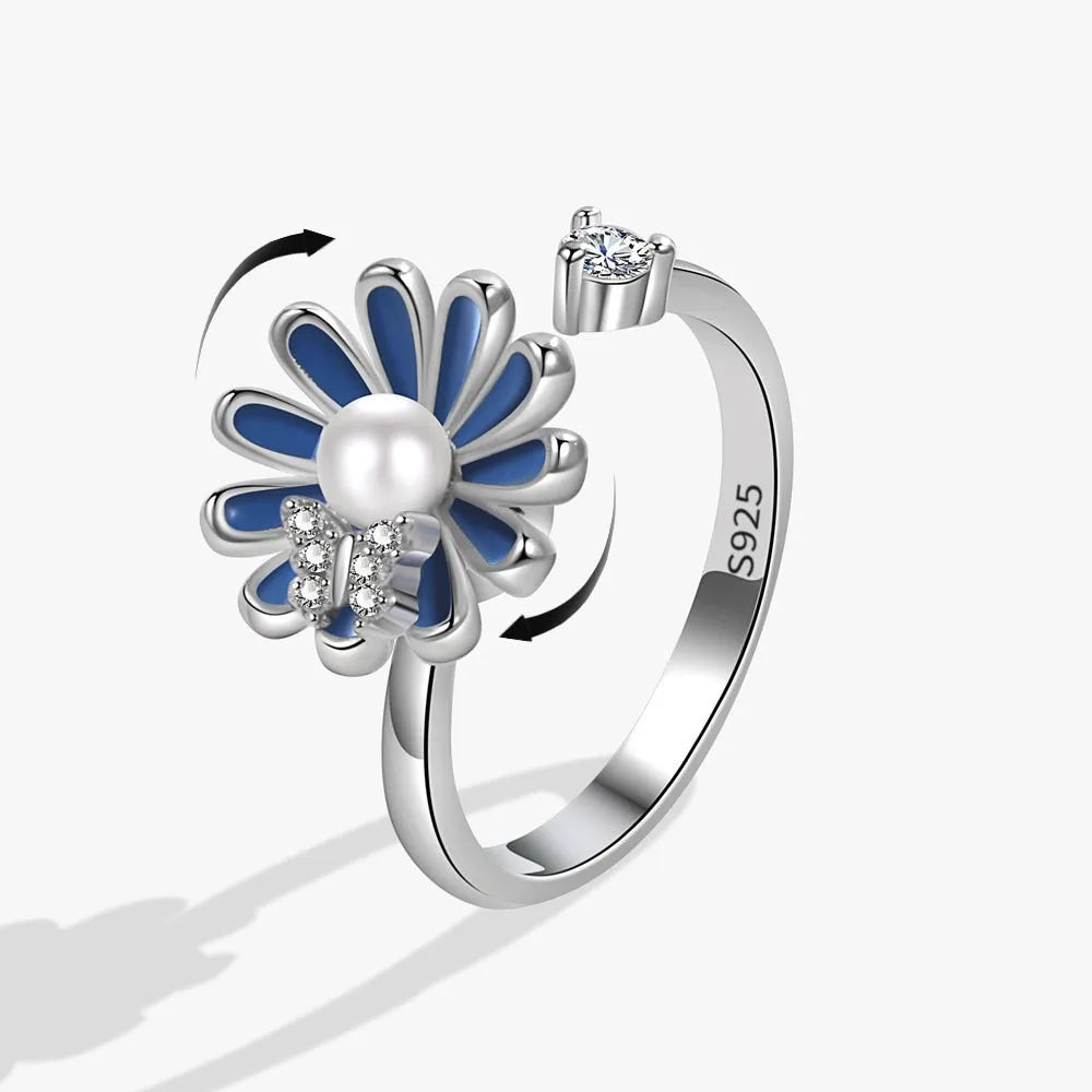 Anillo giratorio antiestrés de mariposa y flor con diamantes de imitación – Anillo giratorio antiansiedad para mujer | Joyería ajustable para aliviar el estrés