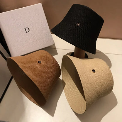 Japanese Designer M Straw Woven Summer Sun Hat for Women Casual Travel Panama Bucket Hat Sunscreen Slim-Face Luxury