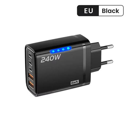 5-in-1 240W GaN Desktop Charger – 3PD + 2USB Fast Charging Adapter with 10A USB-C Cable for iPhone 17/16 Pro, Samsung & Laptops