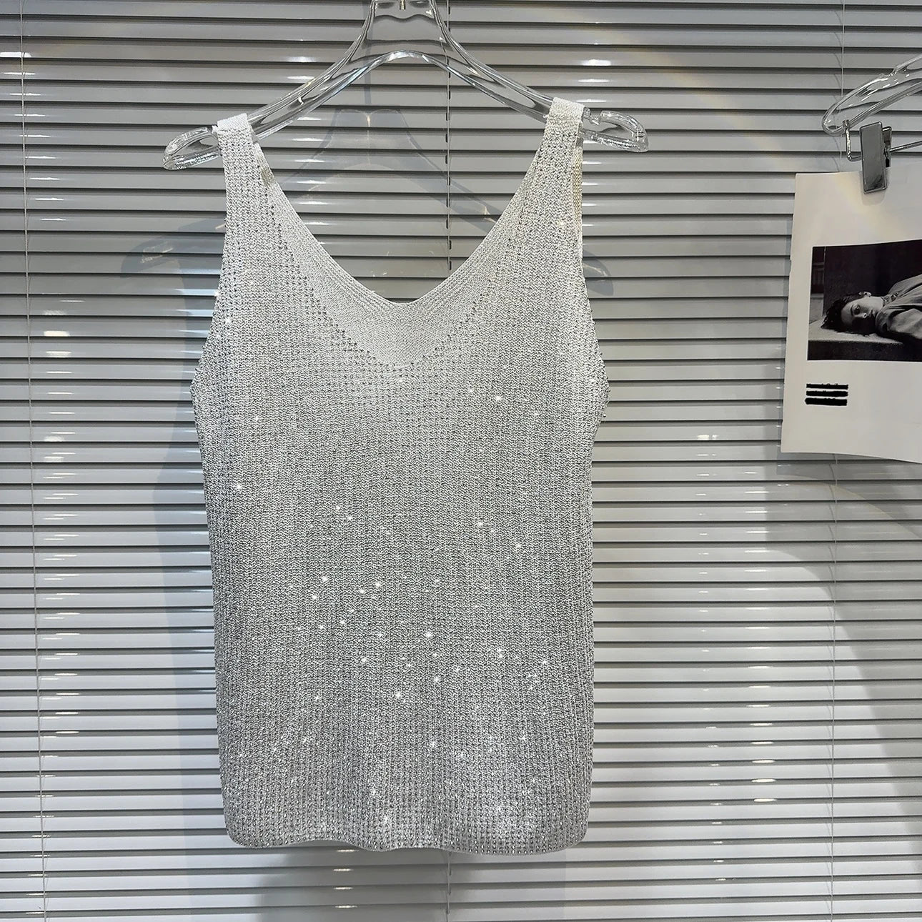 Women's Summer V-Neck Rhinestone Tank Top – Loose Sleeveless Bling Top with Sparkly Diamond Embellishments