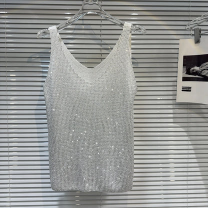 Women's Summer V-Neck Rhinestone Tank Top – Loose Sleeveless Bling Top with Sparkly Diamond Embellishments