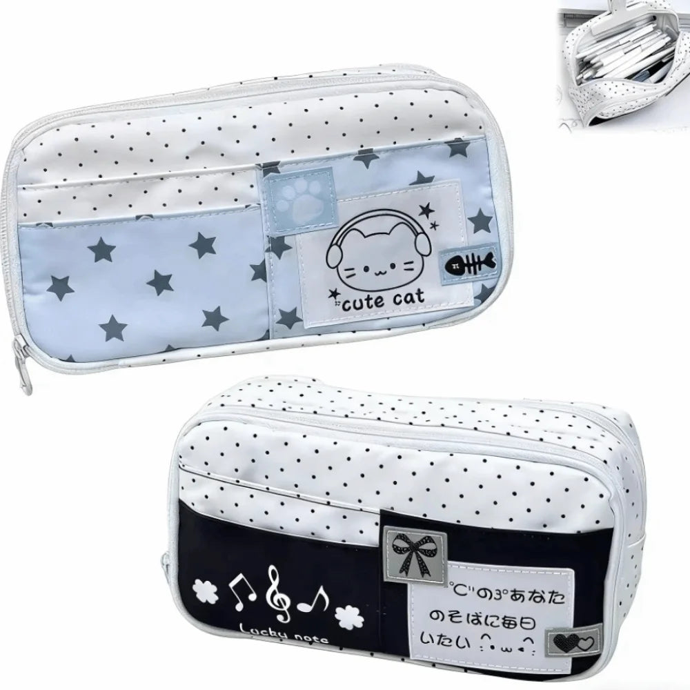 Trousse à crayons Chat à pois – Sac à stylos mignon grande capacité multi-couches, Organisateur de papeterie élégant pour l'école, le bureau et l'utilisation quotidienne