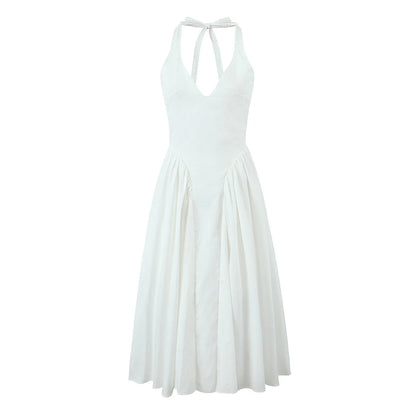 YENKYE Women’s Sexy Backless Green Halter Midi Dress Elegant Low Waist A-Line Cotton Summer Evening Party Robe