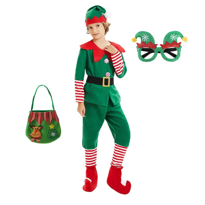 Kids Green Christmas Elf Costume Set, Boys and Girls Santa Claus Cosplay Fancy Dress, Festive Holiday Outfit for Xmas Parties, Carnival Events, Halloween and Christmas Celebrations