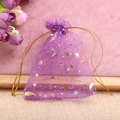 Bolsas de regalo de organza con estrellas y lunas de 25/50 piezas – Bolsitas de joyería con cordón dorado para recuerdos de boda, regalos de fiesta, empaques de dulces y almacenamiento de accesorios pequeños