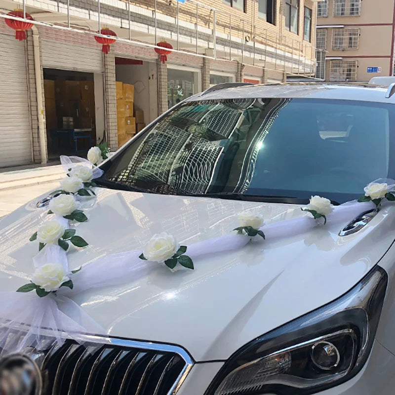 Décoration de voiture de mariage artificielle rose blanche – Ruban de fleurs en soie pour véhicules de mariée et poignées de porte