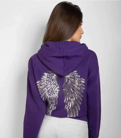 Women’s Y2K Wings Beaded Sequin Hoodie 2026 – Oversized Fleece-Lined Casual Pullover Sweatshirt, Fashion Streetwear Top
