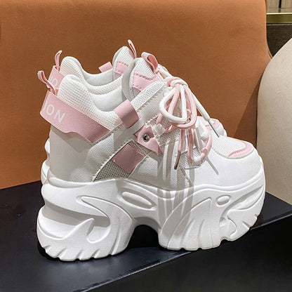 10.5cm Platform Sneakers for Women – Chunky High-Top Lace-Up Dad Shoes with Thick Sole & Mesh Design for Autumn Casual Wear