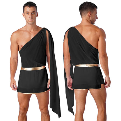 Men’s Ancient Greek & Egyptian Pharaoh Cosplay Costume – Metallic Shiny Toga Robe with Sleeves for Halloween & Roleplay
