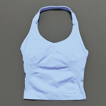 HISTELLO Women’s Seamless Longline Halter Sports Top – Built-in Bra with Removable Cups Yoga & Gym Tank Activewear