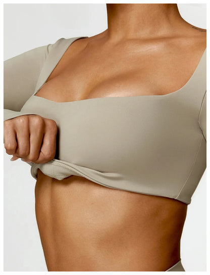 Women’s Square Neck Sports Crop Top – Long Sleeve Quick-Dry Gym Yoga Fitness Activewear