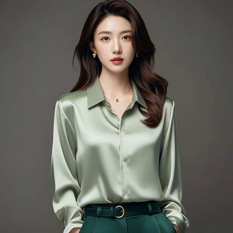 Chemisier en Soie Satinée à Manches Longues pour Femme – Chemise de Bureau Élégante Ample Boutonnée, Haut de Travail Professionnel d'Automne