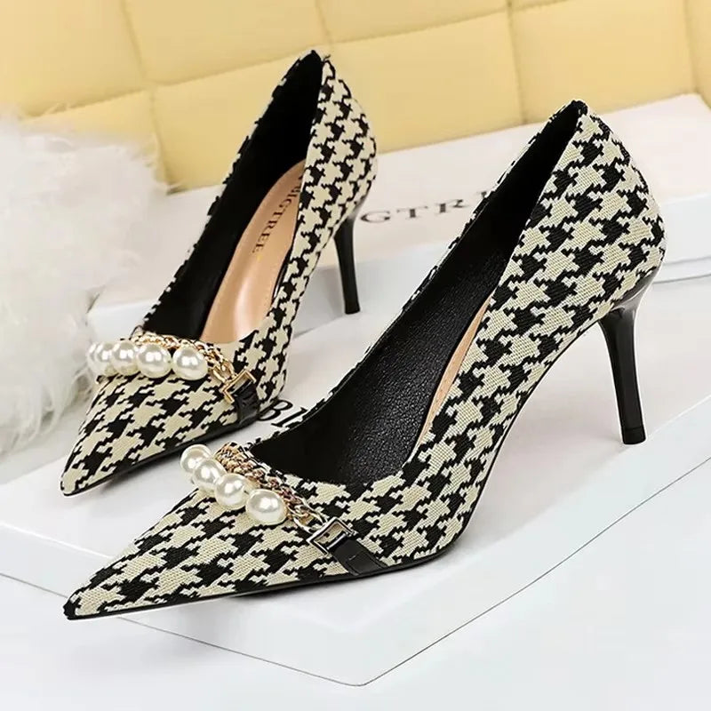 BIGTREE Escarpins à talons aiguilles et chaîne de perles de luxe pour femme – Idéal pour mariage, soirée et banquet